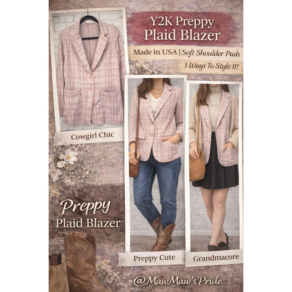 Be Divine Pink Plaid Blazer Jacket Y2K Preppy Grandmacore Made‎ in USA